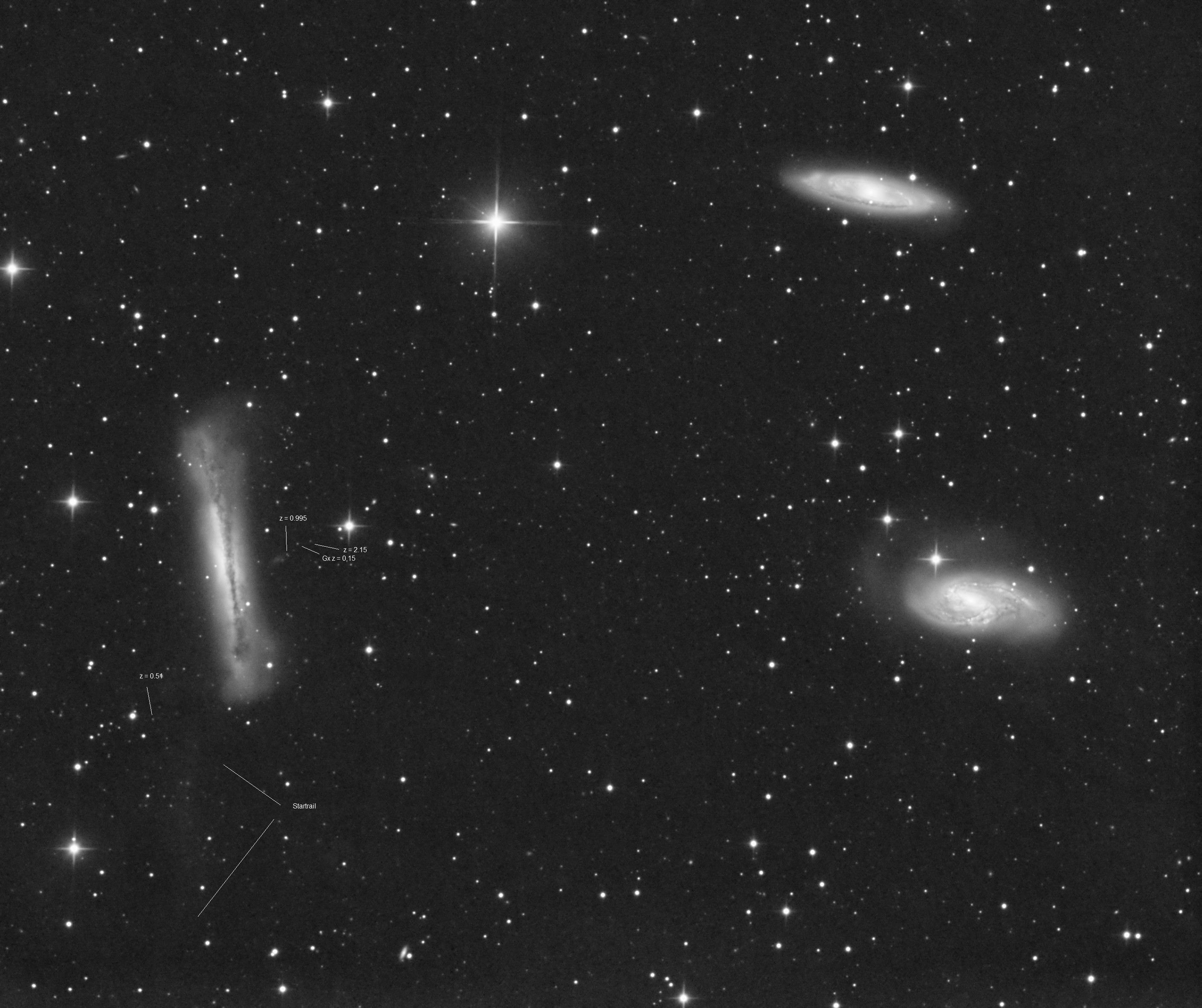 M 65, M 66, NGC 3128 with tidal tail - annotated