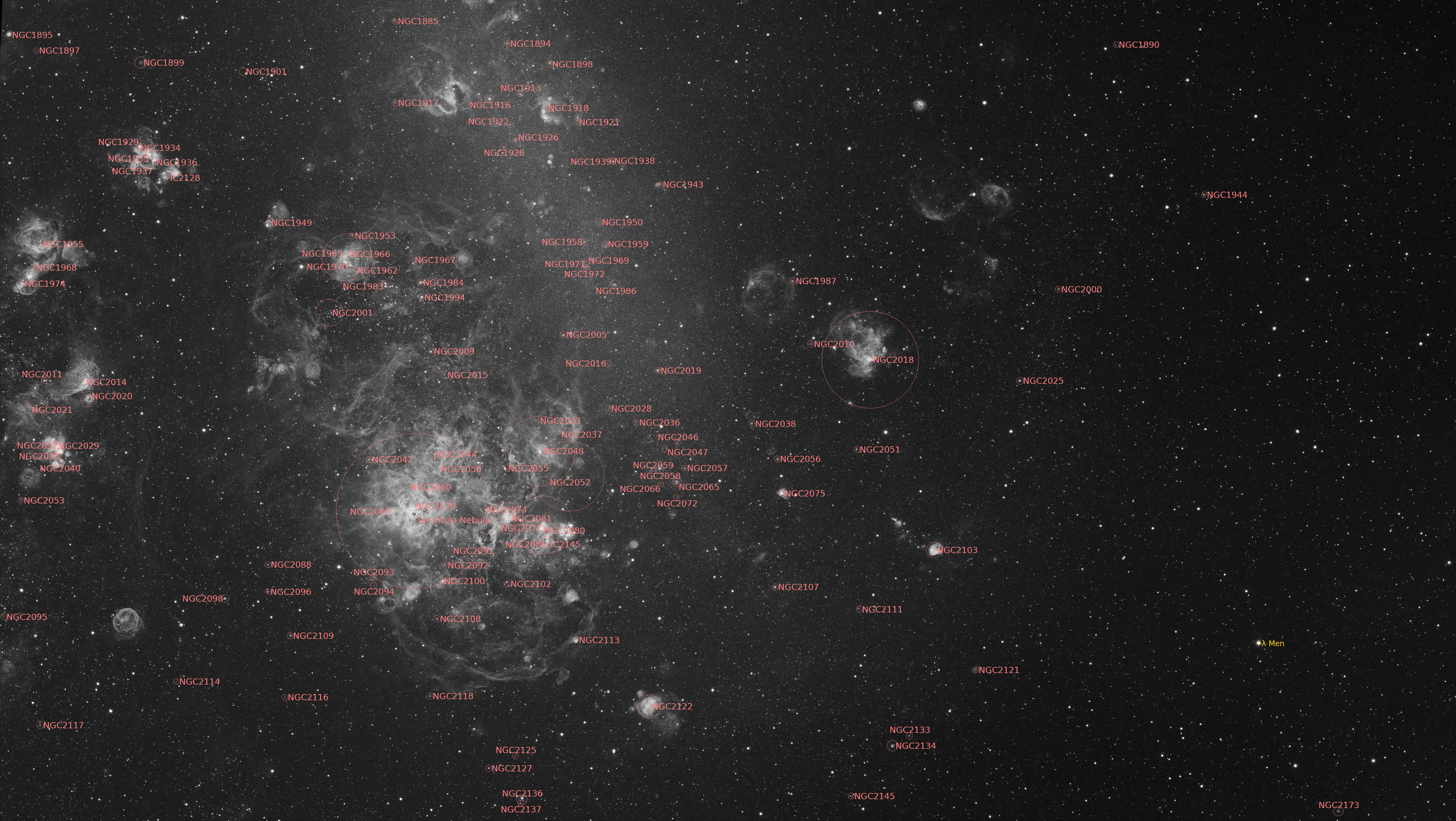Mosaic of the eastern part of LMC - Hα annotated